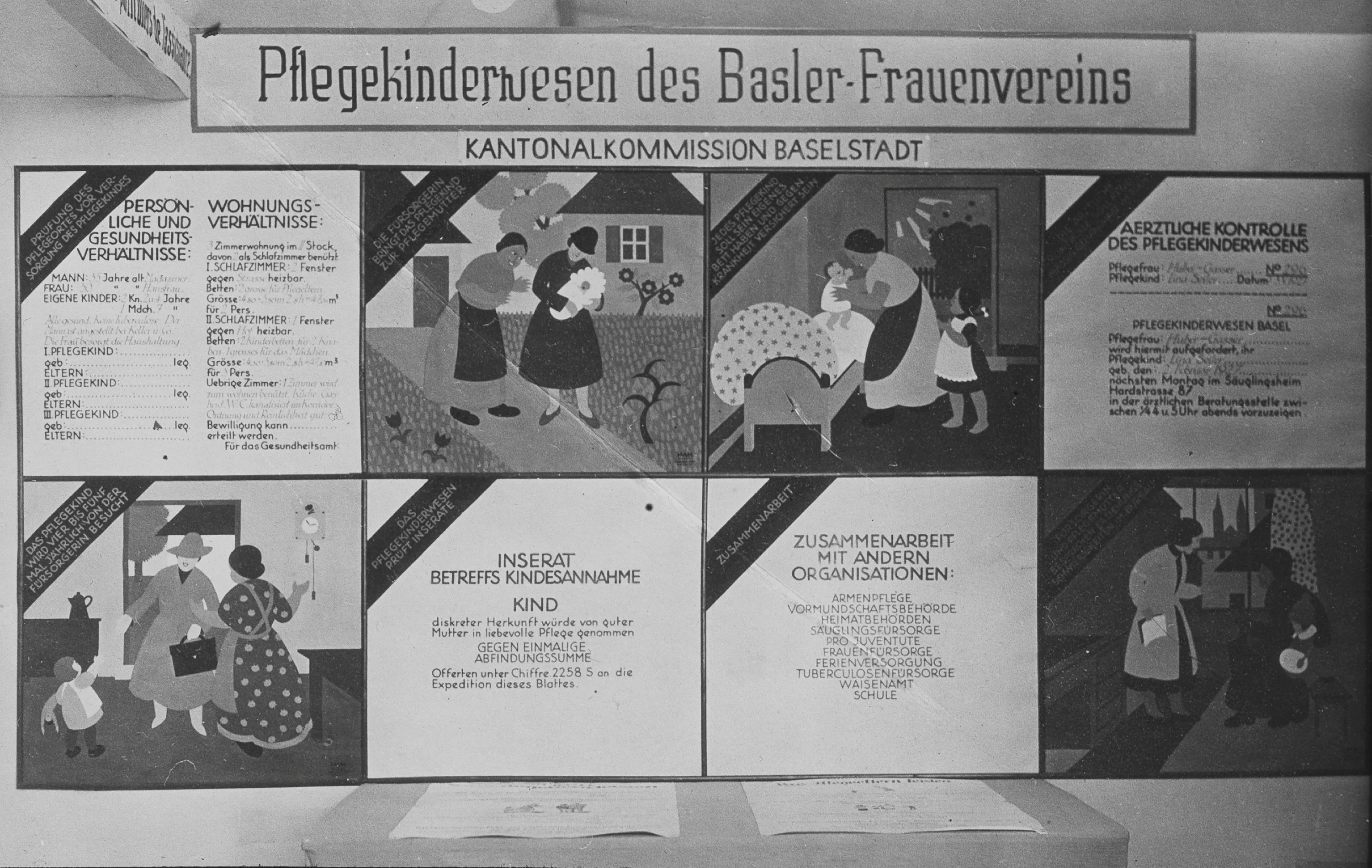 Photographie en noir et blanc d'un panneau d'exposition sur le thème du placement d'enfants organisé par l'Association des femmes de Bâle. La photo a été prise lors de la SAFFA (Exposition suisse du travail féminin) en 1928 à Berne.