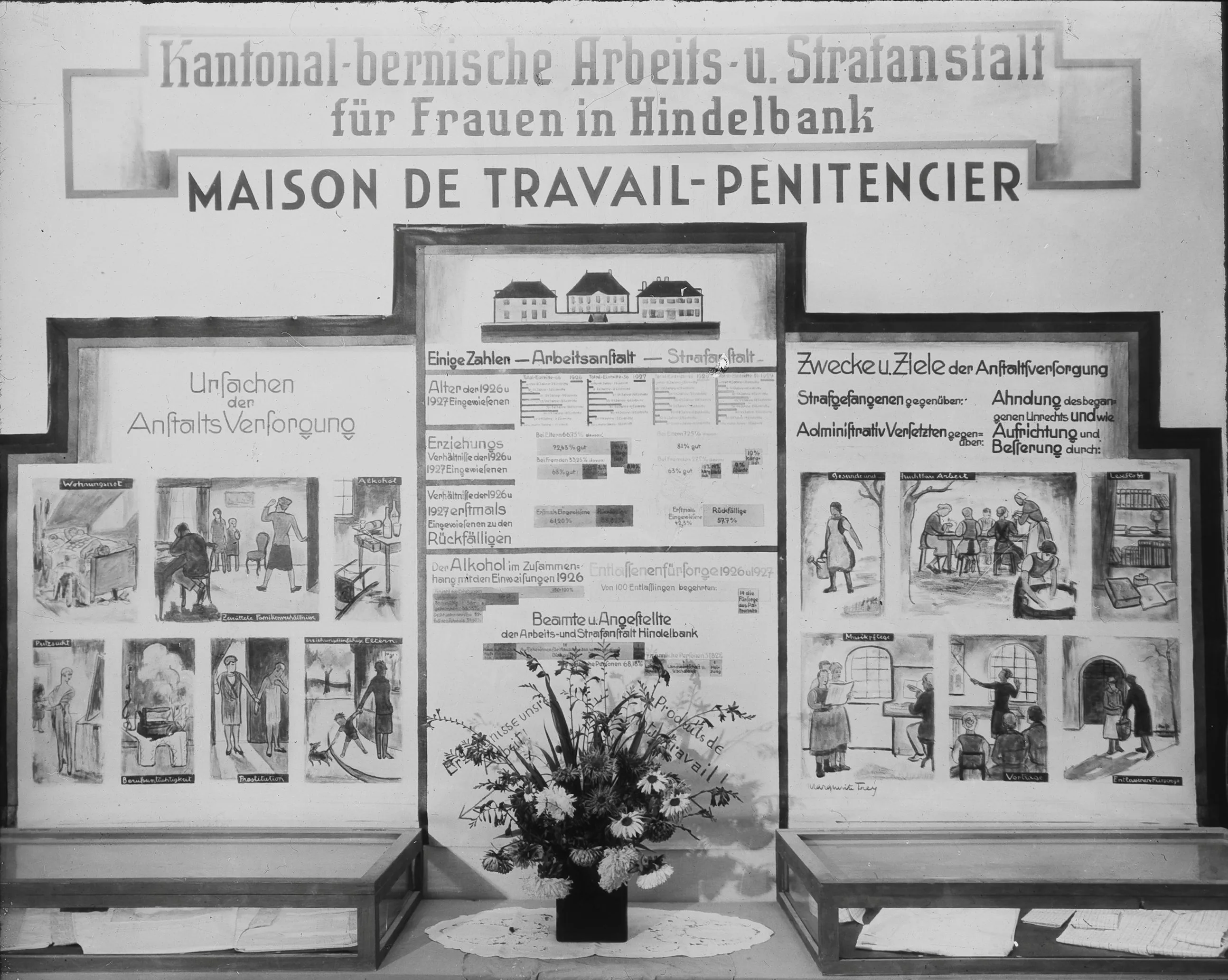 Photographie en noir et blanc d'un panneau d'exposition consacré à la maison de travail et d'exécution des peines pour femmes du canton de Berne à Hindelbank. La photo a été prise lors de la SAFFA (Exposition suisse sur le travail des femmes) en 1928 à Berne. Le panneau décrit les raisons justifiant le placement en établissement, présente des données statistiques sur les détenues du centre de travail et de la prison et illustre les objectifs visés à l'égard des détenues et des personnes « mutées » pour des raisons administratives.